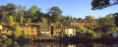 Scarthin books seen from the other side of the mill pond at Cromford